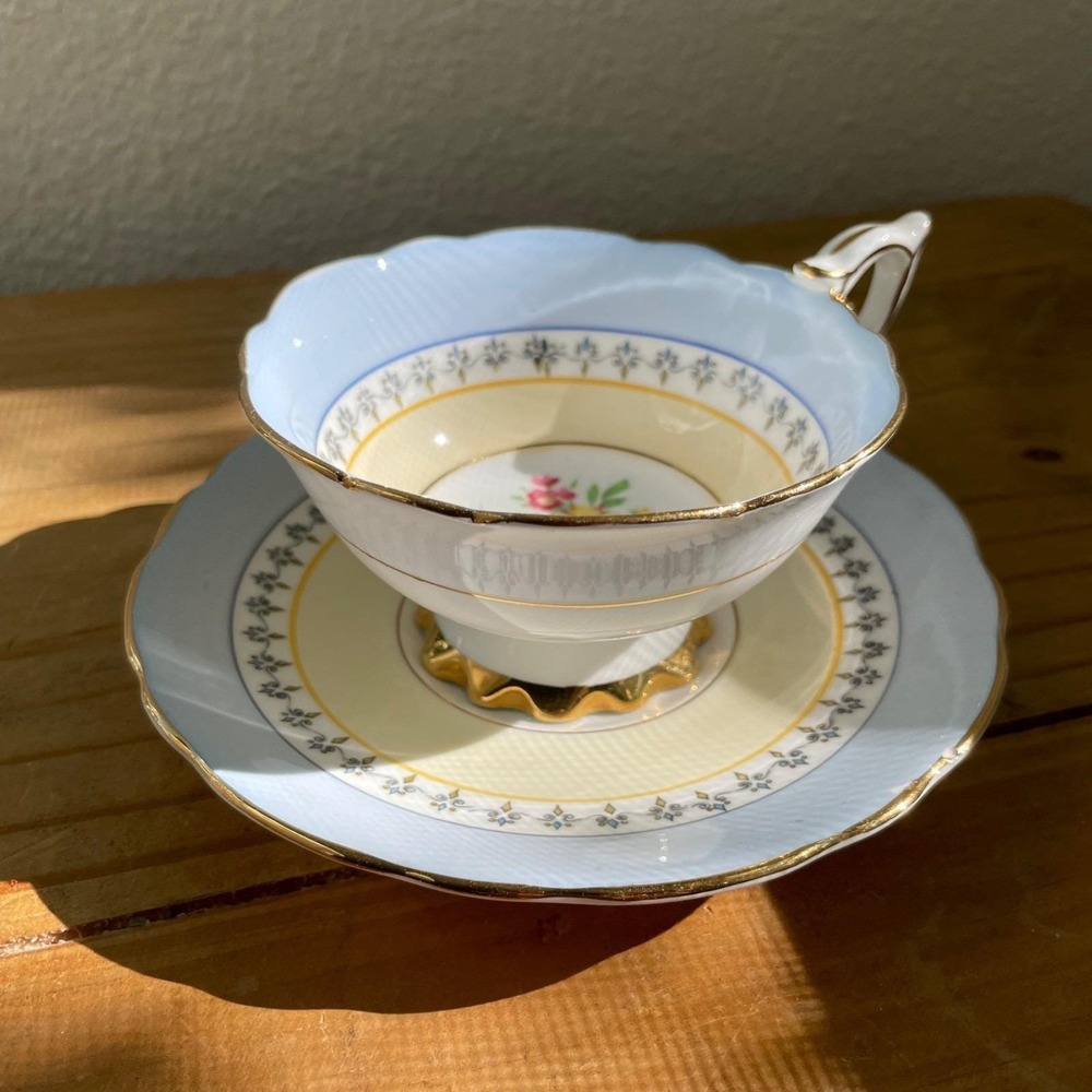 Vintage Royal Stafford Bone China Teacup and Saucer Blue Floral Cottage English